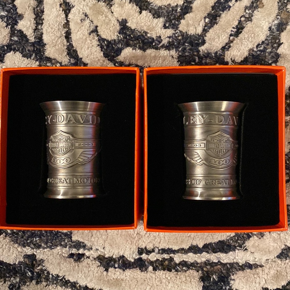 NEW - Rare set of (2) Harley 100th anniv pewter shot glasses